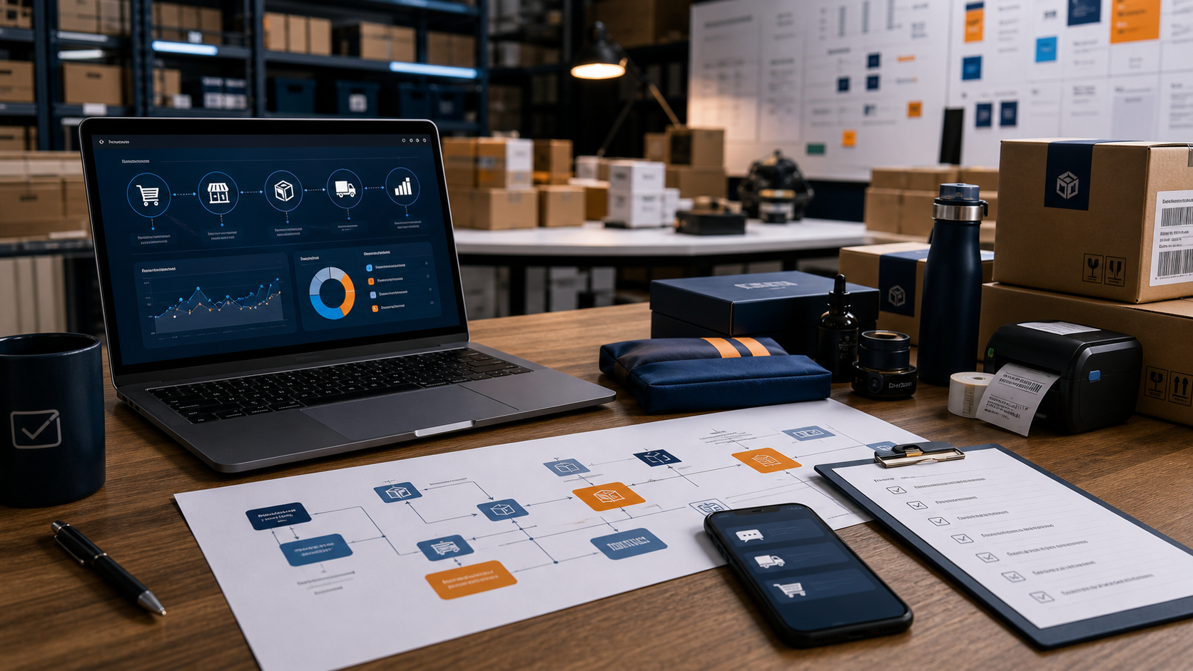 Mesa de operações digitais conectando pedidos, processos e logística